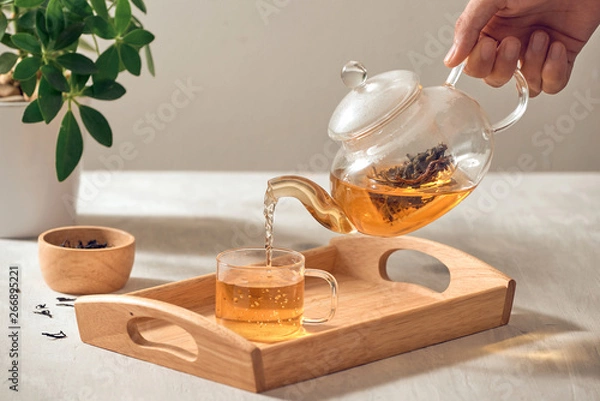 Fototapeta A hand pouring tea from glass teapot on wooden serving tray