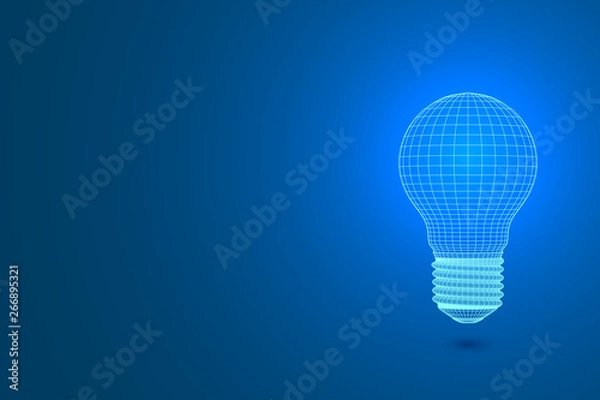 Fototapeta A light bulb from polygons on a blue background emits light. Vector illustration.3D.