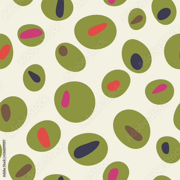 Fototapeta Colorful cartoon green olives pattern, seamless vector design. Quirky and stylish repeat illustration, perfect for restaurants and bars, martini events, parties, olive oil companies, flyers and menus.