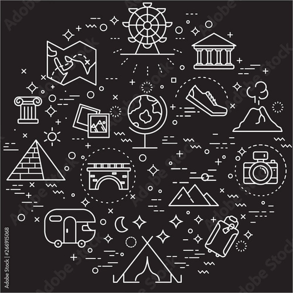 Fototapeta Simple Set of travel and camping Related Vector Line Illustration. Contains such Icons as shoes, trailer, bridge and more. Modern style line drawing and background color black. 
