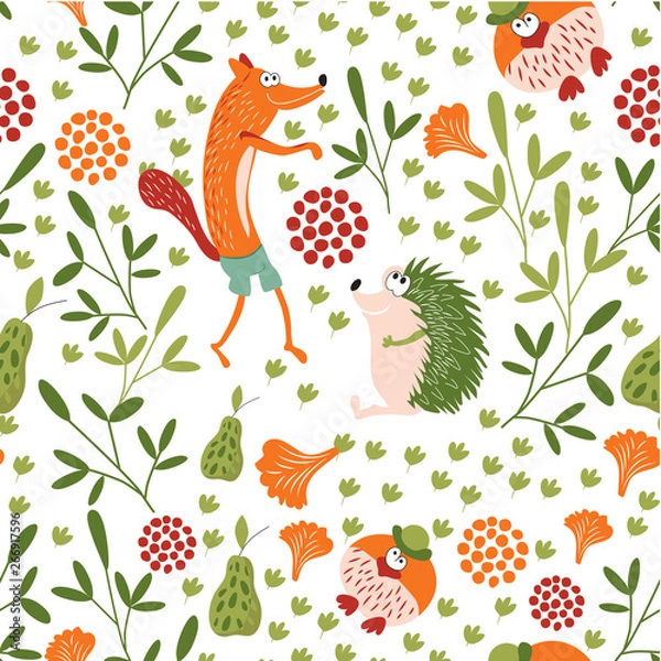 Fototapeta Forest animals seamless baby pattern. Sly Fox, hedgehog and Mr. bird walk in a forest glade. Background for children's room, books, fabrics, postcards