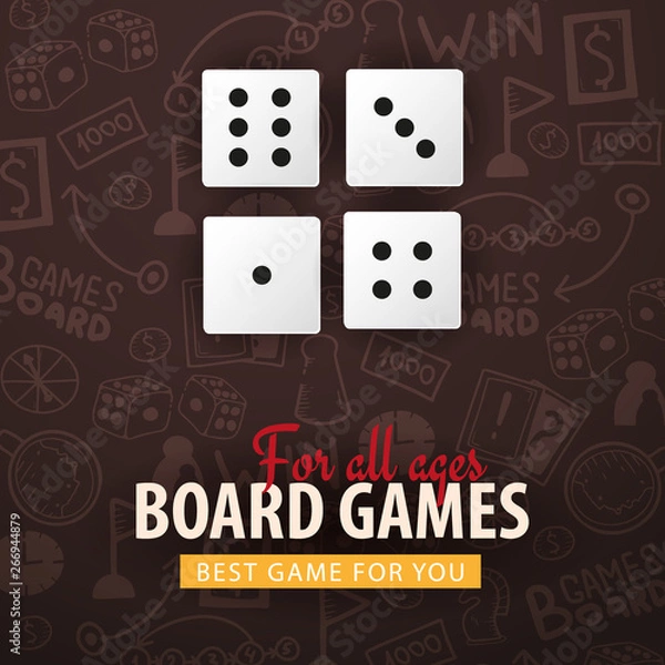 Fototapeta Board Games banner with dices. Hand draw doodle background. Vector illustration.