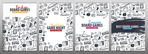 Obraz Set of Board Games banners. For all Ages. Hand draw doodle background. Vector illustration.