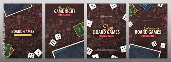 Obraz Set of Board Games banners with dice,  playing cards and map. Hand draw doodle background. Vector illustration.