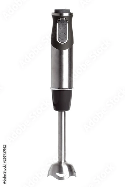 Obraz immersion blender with iron blades and rubberized body with a speed controller and on / off buttons isolated on a white background.