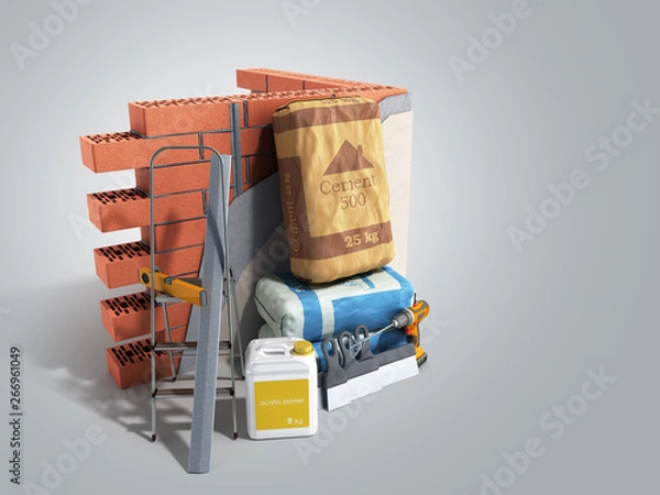 Fototapeta Home renovation restructuring process repair wall painting new house construction concept brick wall with plaster putty and cement 3d render on grey gradient