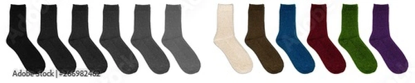 Fototapeta Socks of different colors. Socks in row on a white background. Multicolor socks on white background.