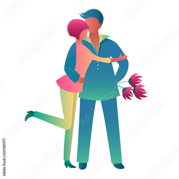 Obraz Hugs at a meeting of lovers, a woman hugs a man with a bouquet, a man brought flowers for a girlfriend. Young happy couple on a date over white background. Vector illustration, flat style.