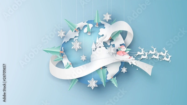 Obraz Merry Christmas, Santa Claus and reindeer deliver gifts around the world in Christmas. paper cut and craft design. vector, illustration.