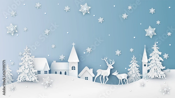 Obraz Winter landscape of snowy countryside and deer. Merry Christmas and Happy New Year. paper cut and craft design. vector, illustration.