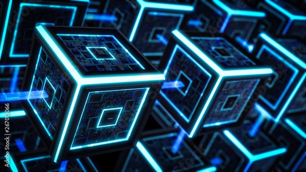 Fototapeta Block chain, Modern Sci Fi Technology Background. Concept About Future Connected And Sending Digital Data On Network. 3d illustration.