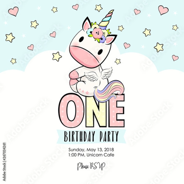 Fototapeta One Birthday party invitation with baby unicorn