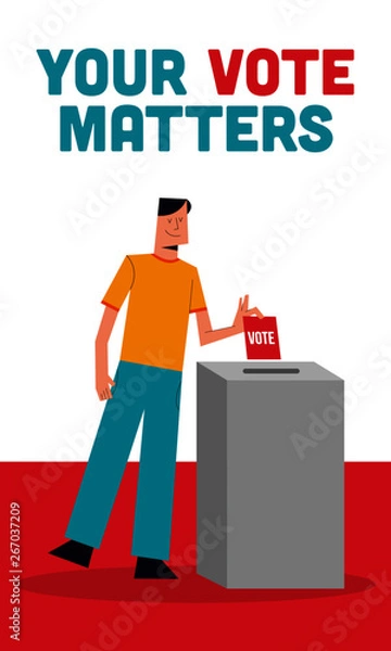 Fototapeta Vector Illustration of a Man putting his vote into ballot box. Democracy Freedom Concept. Voting for Election. Voter Putting Ballot Into Voting box. Register to Vote Banner