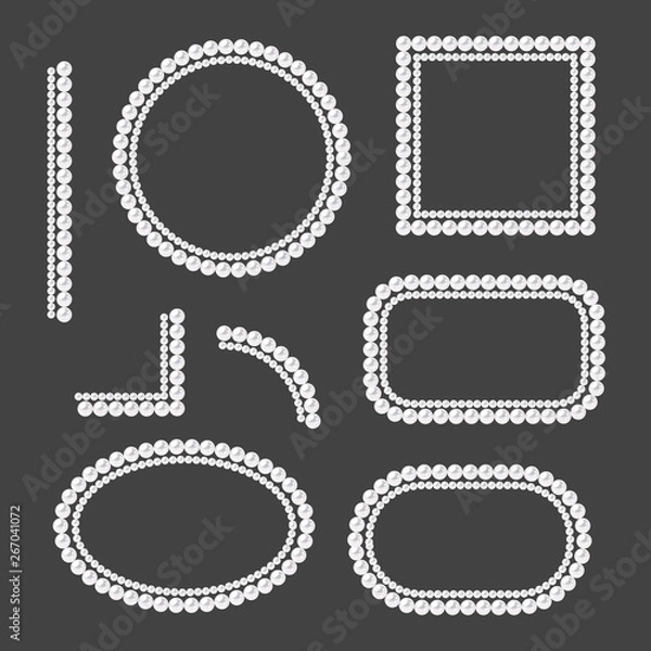 Fototapeta Set of pearl frames isolated on gray background. Vector borders and corners. White pearls.