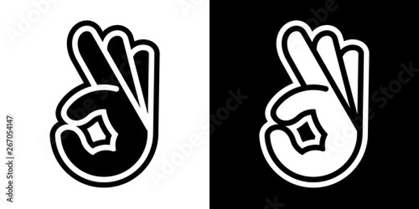 Obraz Stylized vector illustrations of human hand with OK sign; icons, isolated on white and black backgrounds.