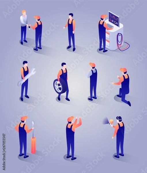 Fototapeta Car Repair Service Isometric Set. Auto Mechanic Characters with Special Equipment, Spare Parts, Tools. Technician Meeting Client. People Series Icons. Vector 3d Illustration on Gradient Backdrop