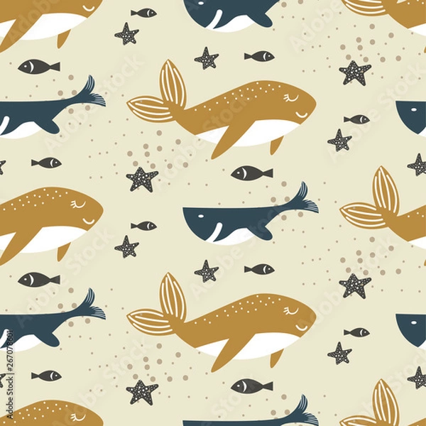 Fototapeta Whale seamless vector pattern. Cartoon style blue and yellow fun fish background.