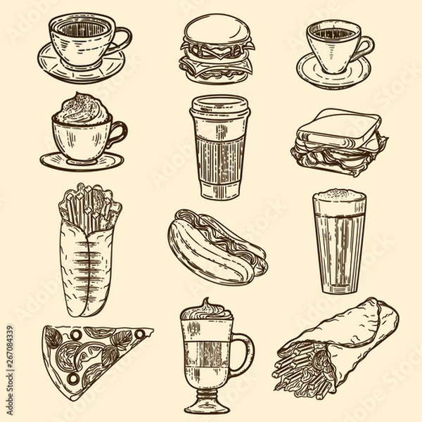 Fototapeta Vector hand drawn set of latte, cappuccino, burger, hamburger, hotdog, frappe, shawarma, espresso, slice of pizza, americano and americano in cup for take away in the engraving vintage style.