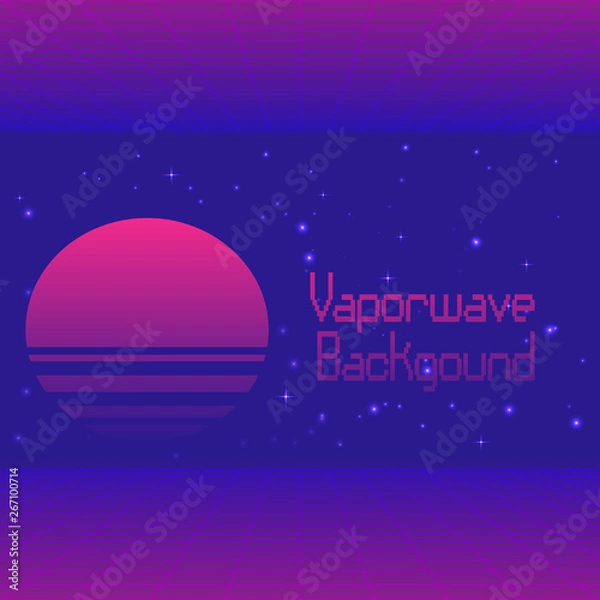 Fototapeta Futuristic background with digital landscape, laser grid and text Vaporwave in English and Japanese translation. Trendy neon colors, retrowave synthwave neon 80s-90s aesthetics