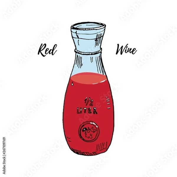 Fototapeta Glass wine carafe full of red wine vector illustration isolated on white. Hand drawn ink sketch. Italian and French typical house wine serving vessel. For menu icon