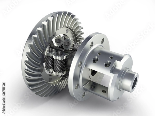 Fototapeta The differential gear in detal on white background 3d illustration