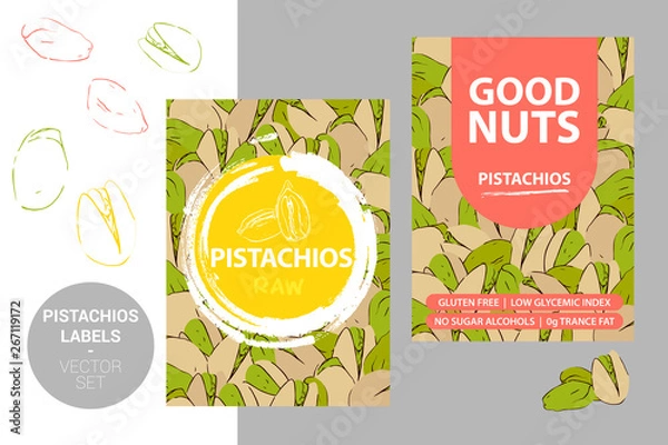 Fototapeta Pistachio nuts labels with brush stroke elements, cartoon drawn nut texture. Pistachios product Badge with text: gluten free, low glycemic index, no sugar alcohols, 0g trance fat
