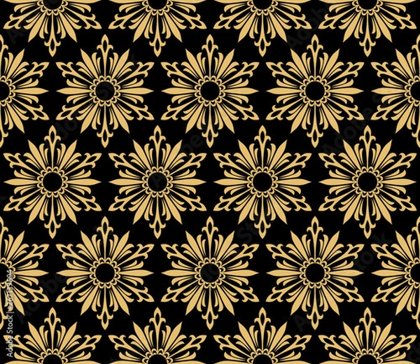 Fototapeta Abstract geometric pattern with lines, snowflakes. A seamless vector background. Gold and black texture. Graphic modern pattern