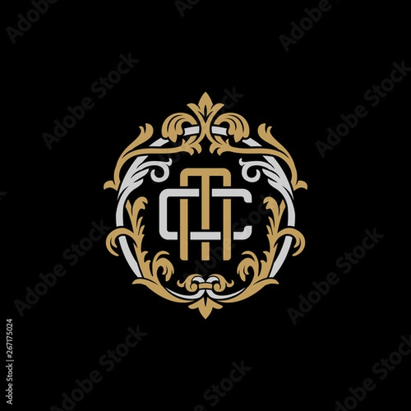 Fototapeta Initial letter C and M, CM, MC, decorative ornament emblem badge, overlapping monogram logo, elegant luxury silver gold color on black background