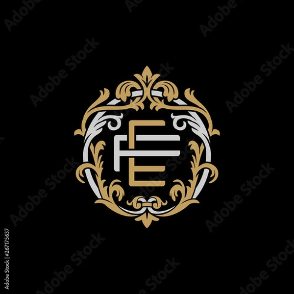 Obraz Initial letter F and E, FE, EF, decorative ornament emblem badge, overlapping monogram logo, elegant luxury silver gold color on black background