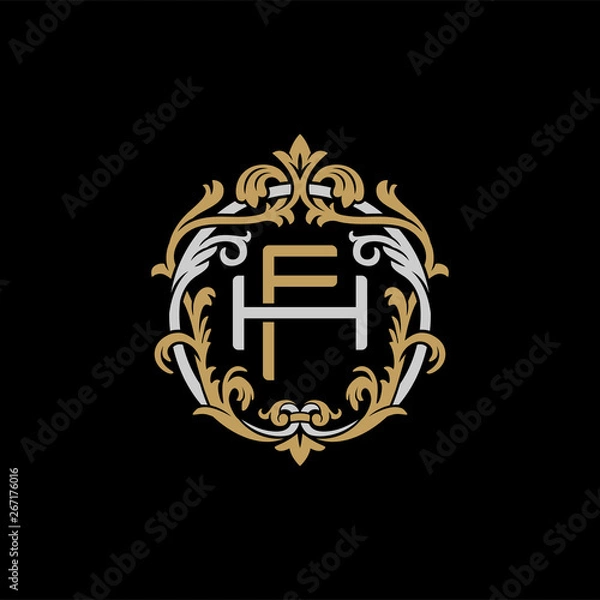 Obraz Initial letter H and F, HF, FH, decorative ornament emblem badge, overlapping monogram logo, elegant luxury silver gold color on black background