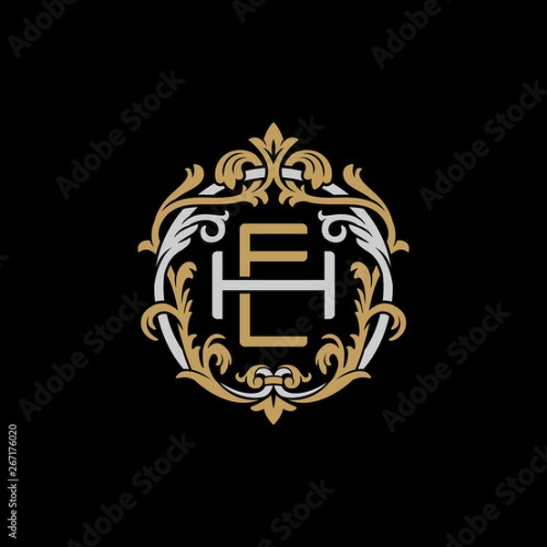 Obraz Initial letter H and E, HE, EH, decorative ornament emblem badge, overlapping monogram logo, elegant luxury silver gold color on black background