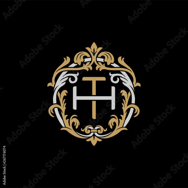 Fototapeta Initial letter H and T, HT, TH, decorative ornament emblem badge, overlapping monogram logo, elegant luxury silver gold color on black background