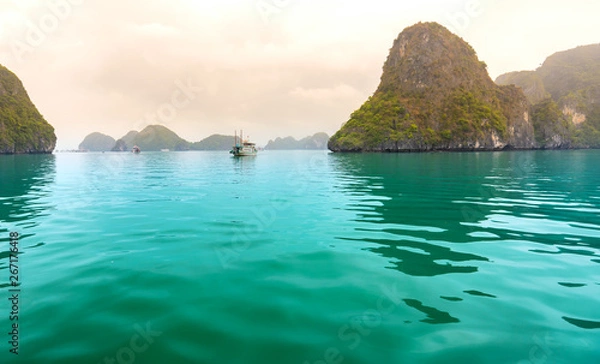 Fototapeta Beautiful Tourist cruise ship floating among limestone rocks at Ha Long Bay. This is the UNESCO World Heritage Site, it is a beautiful natural wonder in northern Vietnam