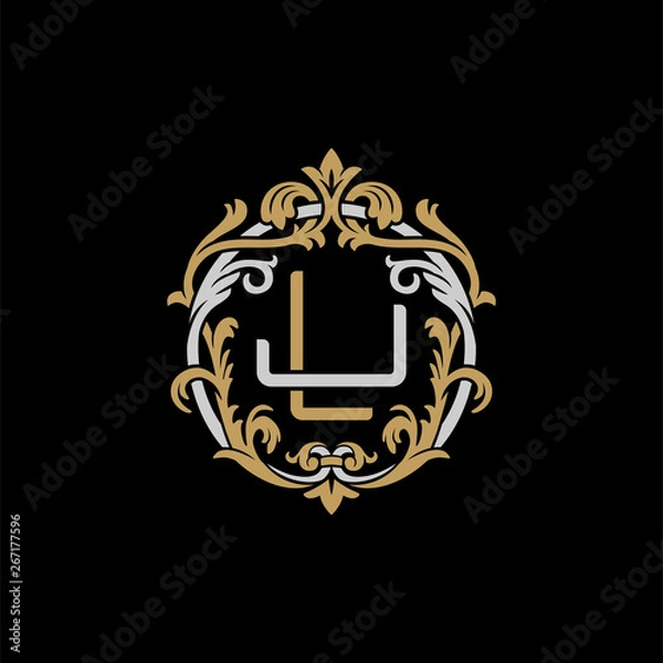 Obraz Initial letter J and L, JL, LJ, decorative ornament emblem badge, overlapping monogram logo, elegant luxury silver gold color on black background