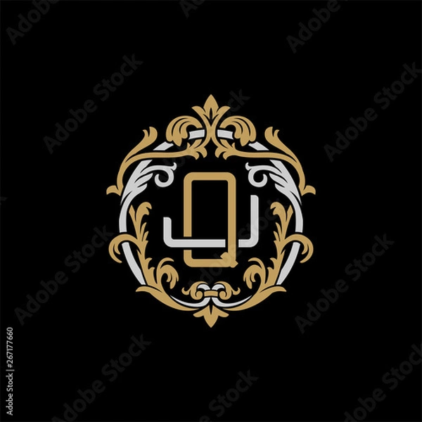 Obraz Initial letter J and Q, JQ, QJ, decorative ornament emblem badge, overlapping monogram logo, elegant luxury silver gold color on black background