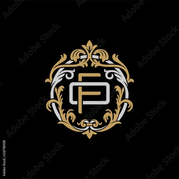 Obraz Initial letter O and F, OF, FO, decorative ornament emblem badge, overlapping monogram logo, elegant luxury silver gold color on black background