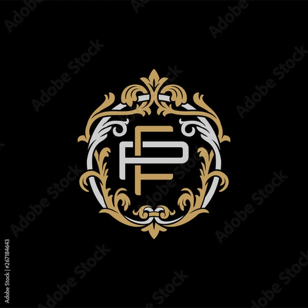 Obraz Initial letter P and F, PF, FP, decorative ornament emblem badge, overlapping monogram logo, elegant luxury silver gold color on black background