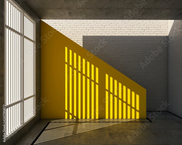 Obraz 3d rendering of loft style, yellow upstair and white brick wall