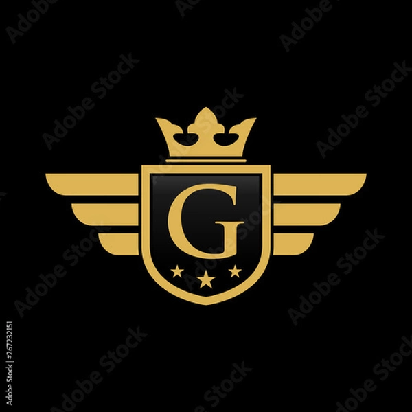 Fototapeta G initial wing with shield and crown, Luxury logo design vector
