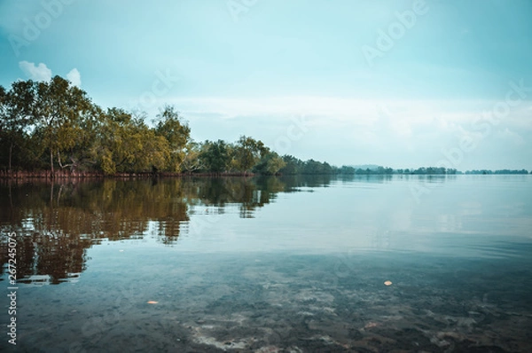 Obraz Blue sky and cloudy over river area. Serenity nature background.