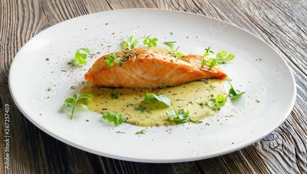 Fototapeta a plate of fried salmon fillet with fresh herbs and spices in lemon-mustard sauce 