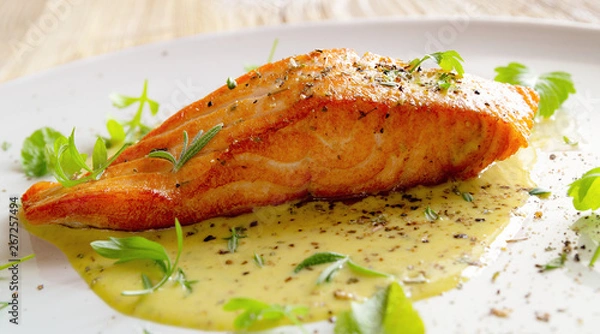 Fototapeta fried salmon fillet with fresh herbs and spices in lemon-mustard sauce
