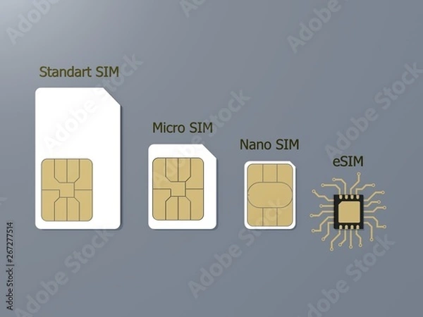 Obraz Evolution of SIM cards. eSIM Embedded SIM card. New chip mobile cellular communication technology. New mobile communication technology 5G network. 3D rendering.