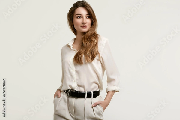 Obraz Gorgeous female brunette model in white clothes