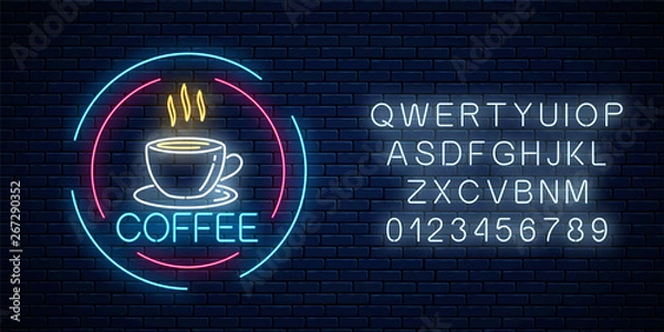 Fototapeta Glowing neon coffee cup icon in circle frames with alphabet. Light effect hot beverage or cafe sign.