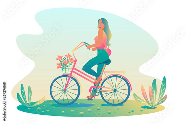 Obraz Glamor athletic girl with long hair rides a bicycle with flowers on a sunny summer day. Walk on the bike of a beautiful woman in nature. Template, flat design, colorful gradients, vector illustration.