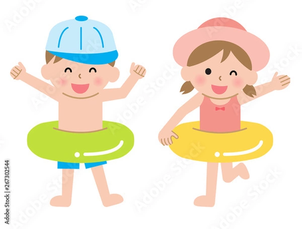 Fototapeta 水着の男の子と女の子　浮き輪