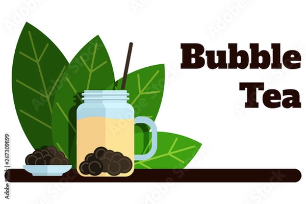 Fototapeta Bubble tea banner with tea leaves Vector flat labels