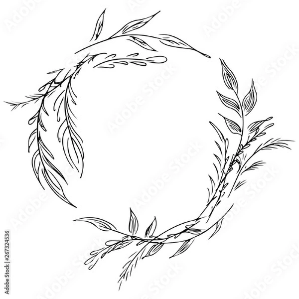 Fototapeta Wreath of wildflowers branches isolated on white background. Foral frame design elements for invitations, greeting cards, posters. Hand drawn illustration. Line art. Sketch