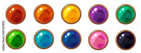 Fototapeta Shiny colorful round gem with golden frame set for mobile game interface design.